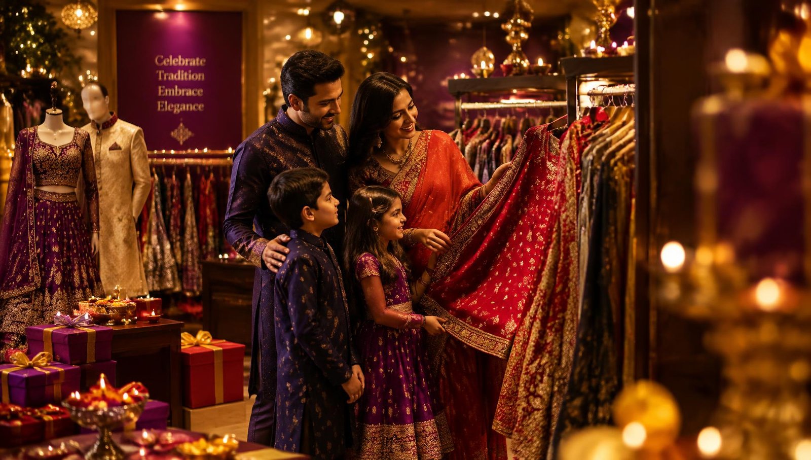 Indian family shopping for Diwali at Myra Unlimited Fashion